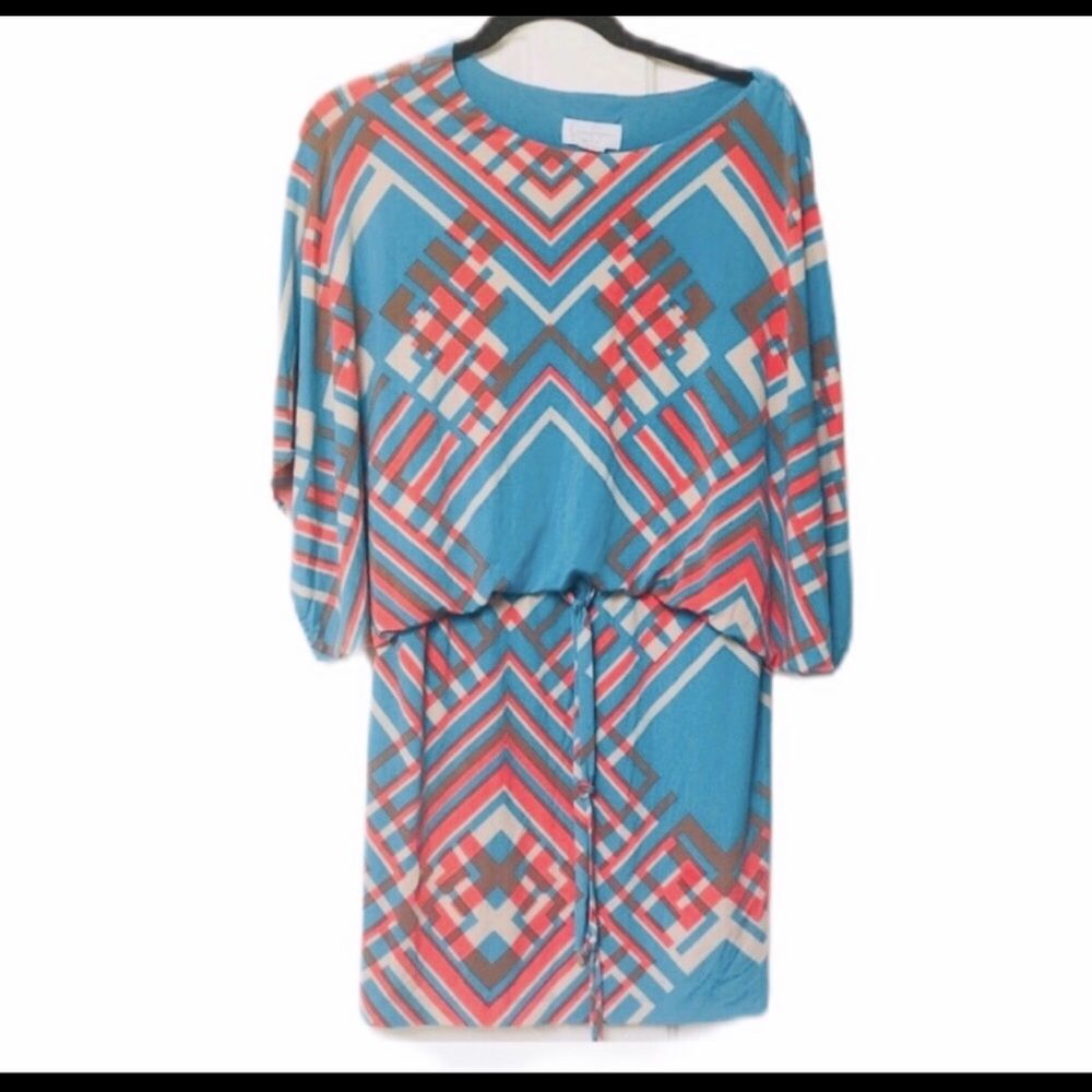 Jessica Simpson Blouson Dress Turquoise Cream XS Blue Comfy Geometric Print